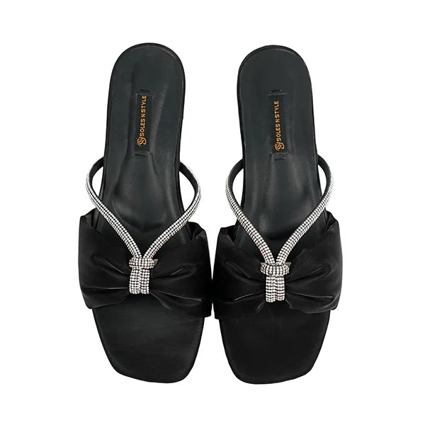 Black Satin Flats with Sparkling Rhinestone Touch( SNS-92402)