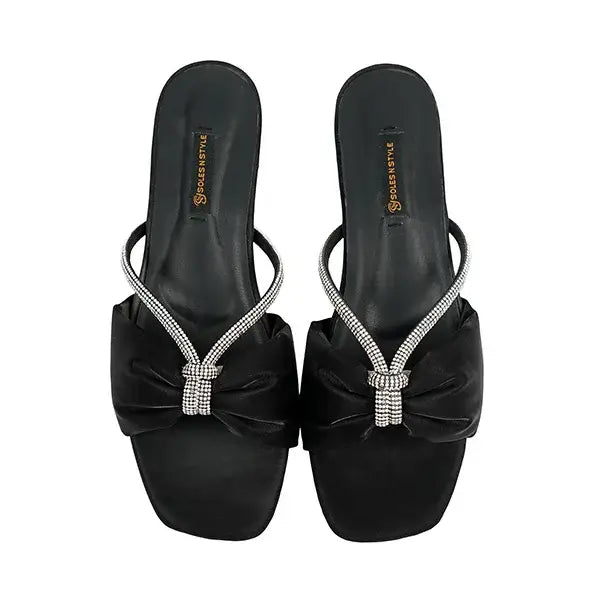 Black Satin Flats with Sparkling Rhinestone Touch SNS-92402