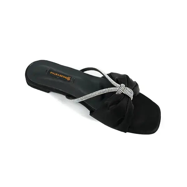 Black Satin Flats with Sparkling Rhinestone Touch SNS-92402
