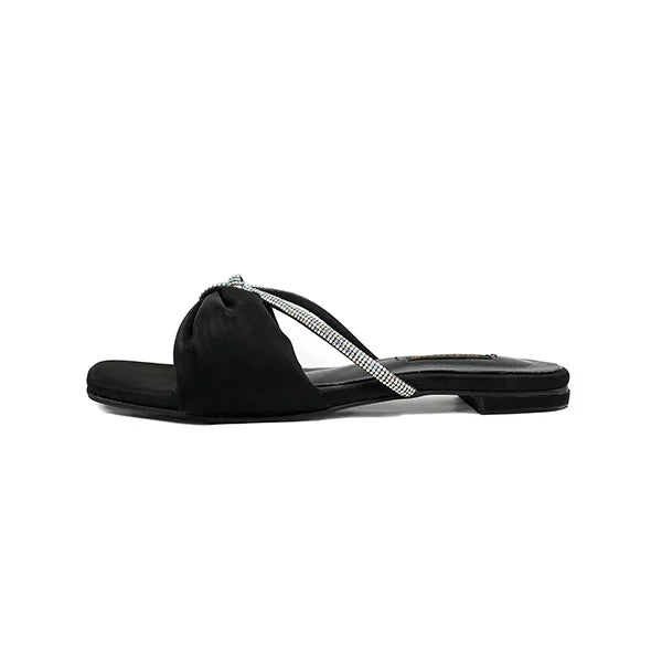 Black Satin Flats with Sparkling Rhinestone Touch( SNS-92402)
