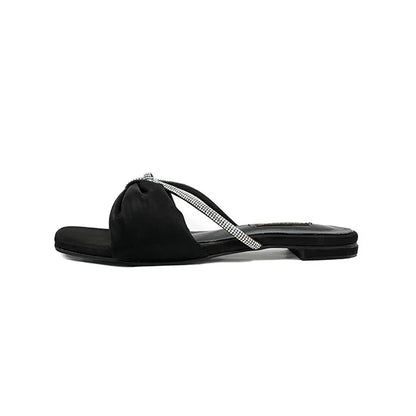 Black Satin Flats with Sparkling Rhinestone Touch( SNS-92402)