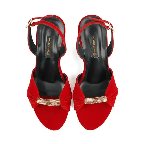Elegant Red Velvet Heels with Glamorous Bow SNS_92404