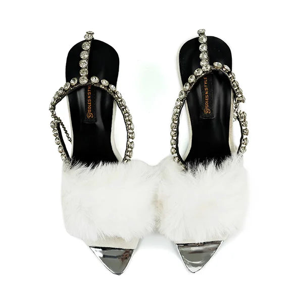 Fluffy White Furry Sandals with Rhinestones ( SNS-92405)