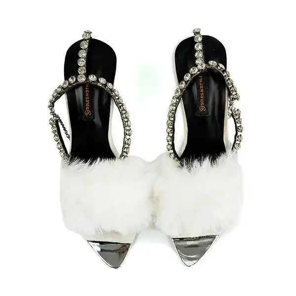  Fluffy White Furry Sandals with Rhinestones SNS-92405