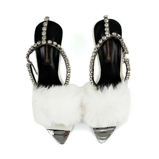 Fluffy White Furry Sandals with Rhinestones ( SNS-92405)
