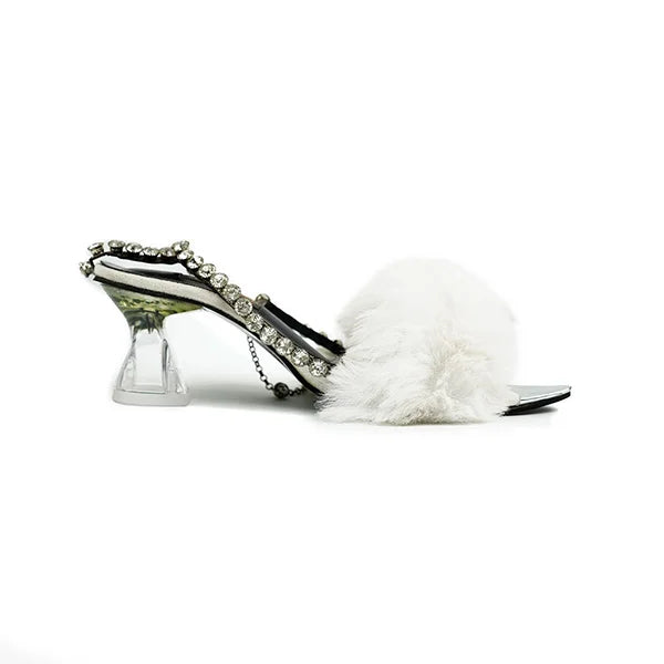 Fluffy White Furry Sandals with Rhinestones ( SNS-92405)