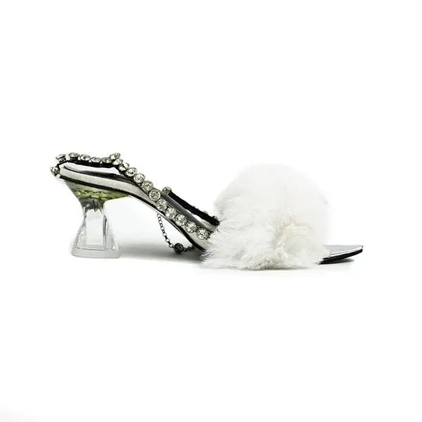 Fluffy White Furry Sandals with Rhinestones SNS-92405