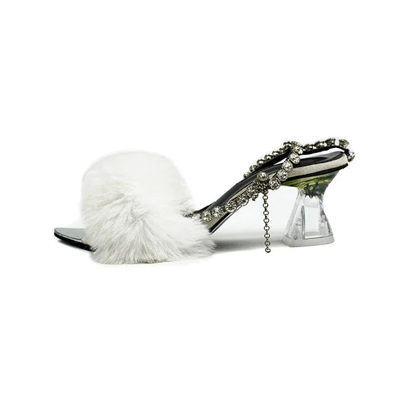 Fluffy White Furry Sandals with Rhinestones ( SNS-92405)