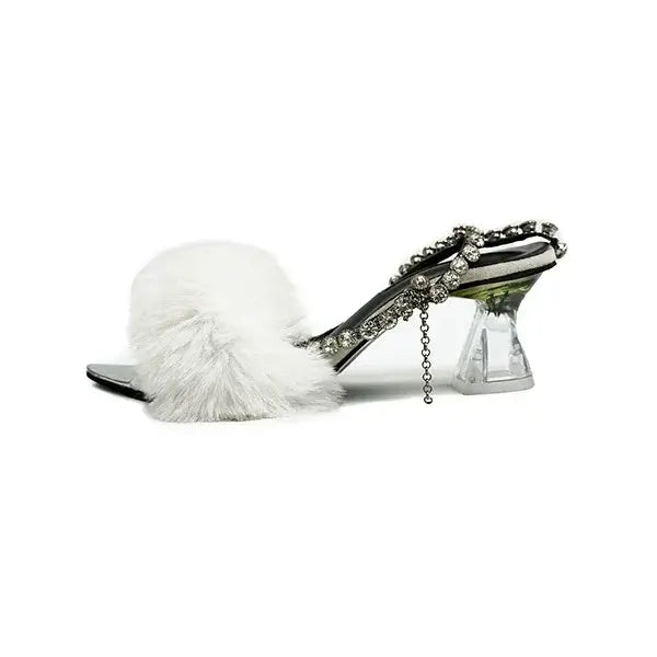  Fluffy White Furry Sandals with Rhinestones SNS-92405
