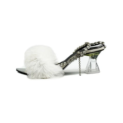 Fluffy White Furry Sandals with Rhinestones ( SNS-92405)