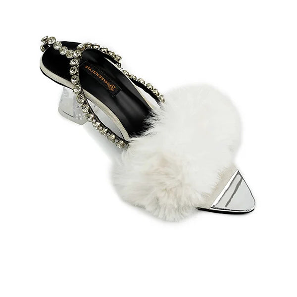 Fluffy White Furry Sandals with Rhinestones ( SNS-92405)