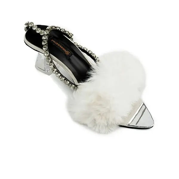  Fluffy White Furry Sandals with Rhinestones SNS-92405