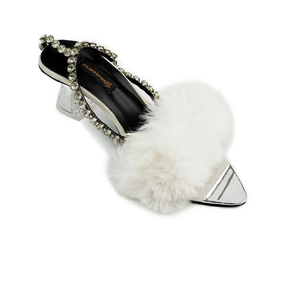 Fluffy White Furry Sandals with Rhinestones ( SNS-92405)