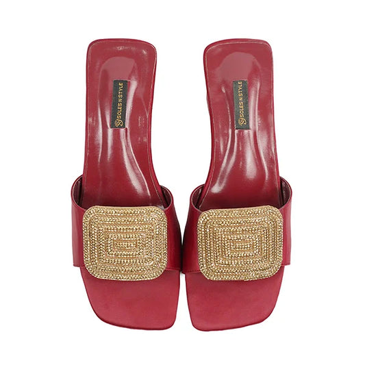 Luxurious Red Satin Block Heels with Handcrafted Gold Beaded( SNS-92407)