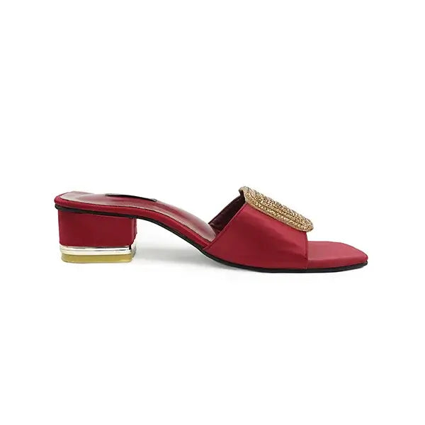   Luxurious Red Satin Block Heels with Handcrafted Gold Beaded SNS-92407