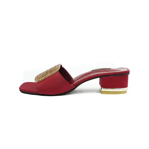   Luxurious Red Satin Block Heels with Handcrafted Gold Beaded SNS-92407