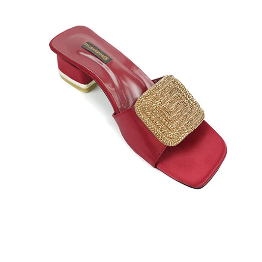 Luxurious Red Satin Block Heels with Handcrafted Gold Beaded( SNS-92407)