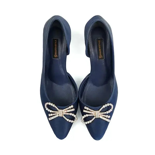 Navy Blue Satin Pumps with Rhinestone Bow SNS-92408