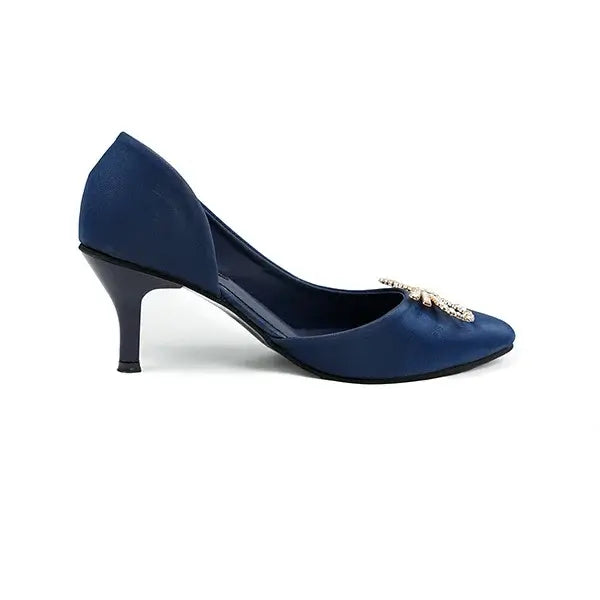 Navy Blue Satin Pumps with Rhinestone Bow SNS-92408