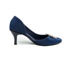 Navy Blue Satin Pumps with Rhinestone Bow SNS-92408