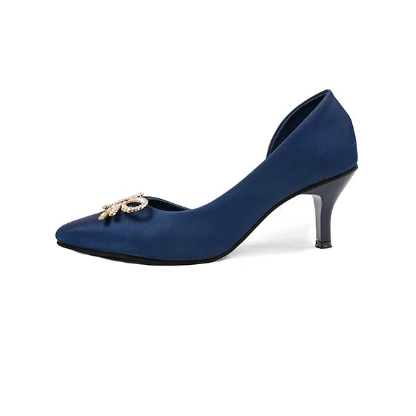 Navy Blue Satin Pumps with Rhinestone Bow( SNS-92408)