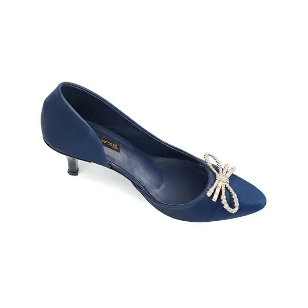 Navy Blue Satin Pumps with Rhinestone Bow SNS-92408