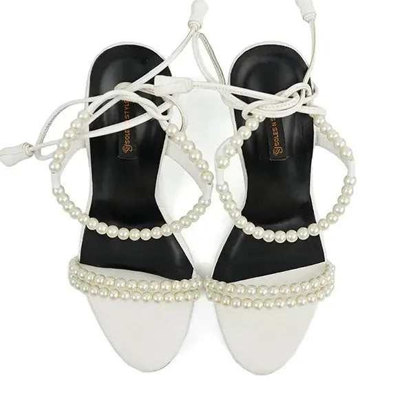  Pearl-Embellished White Lace-Up Heels SNS-92409