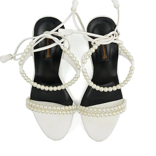 Pearl-Embellished White Lace-Up Heels( SNS-92409)