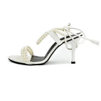  Pearl-Embellished White Lace-Up Heels SNS-92409