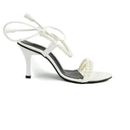  Pearl-Embellished White Lace-Up Heels SNS-92409