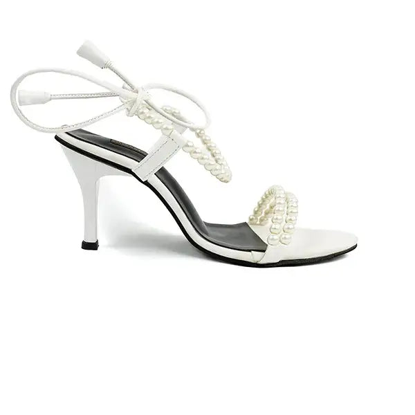  Pearl-Embellished White Lace-Up Heels SNS-92409
