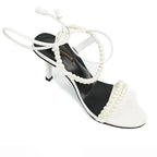  Pearl-Embellished White Lace-Up Heels SNS-92409