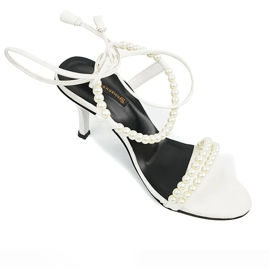 Pearl-Embellished White Lace-Up Heels( SNS-92409)