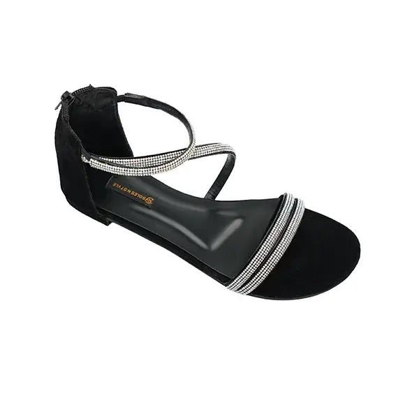 Shimmering Black Strappy Sandals with Rhinestone Shine SNS-924010