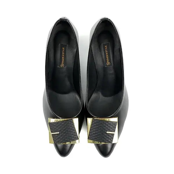 Sleek Black Pumps with Buckle Up and Sharp Pointed Toe SNS-924012
