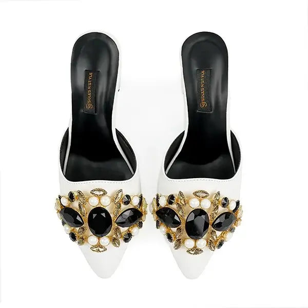   White Mules with Black and Gold Embellishments SNS-924015