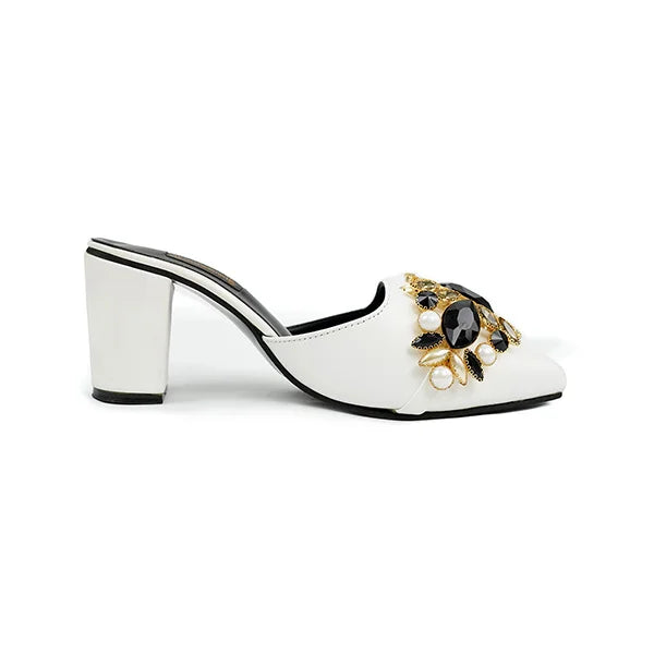 White Mules with Black and Gold Embellishments( SNS-924017)