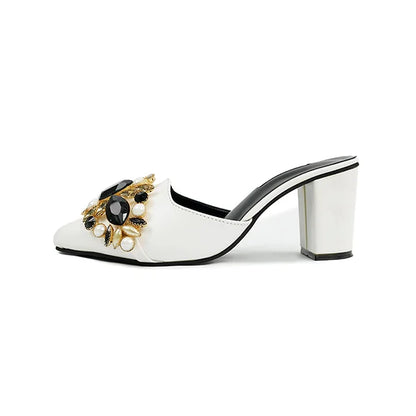 White Mules with Black and Gold Embellishments( SNS-924017)