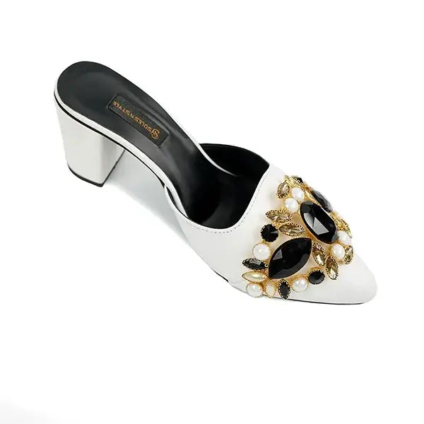   White Mules with Black and Gold Embellishments SNS-924015